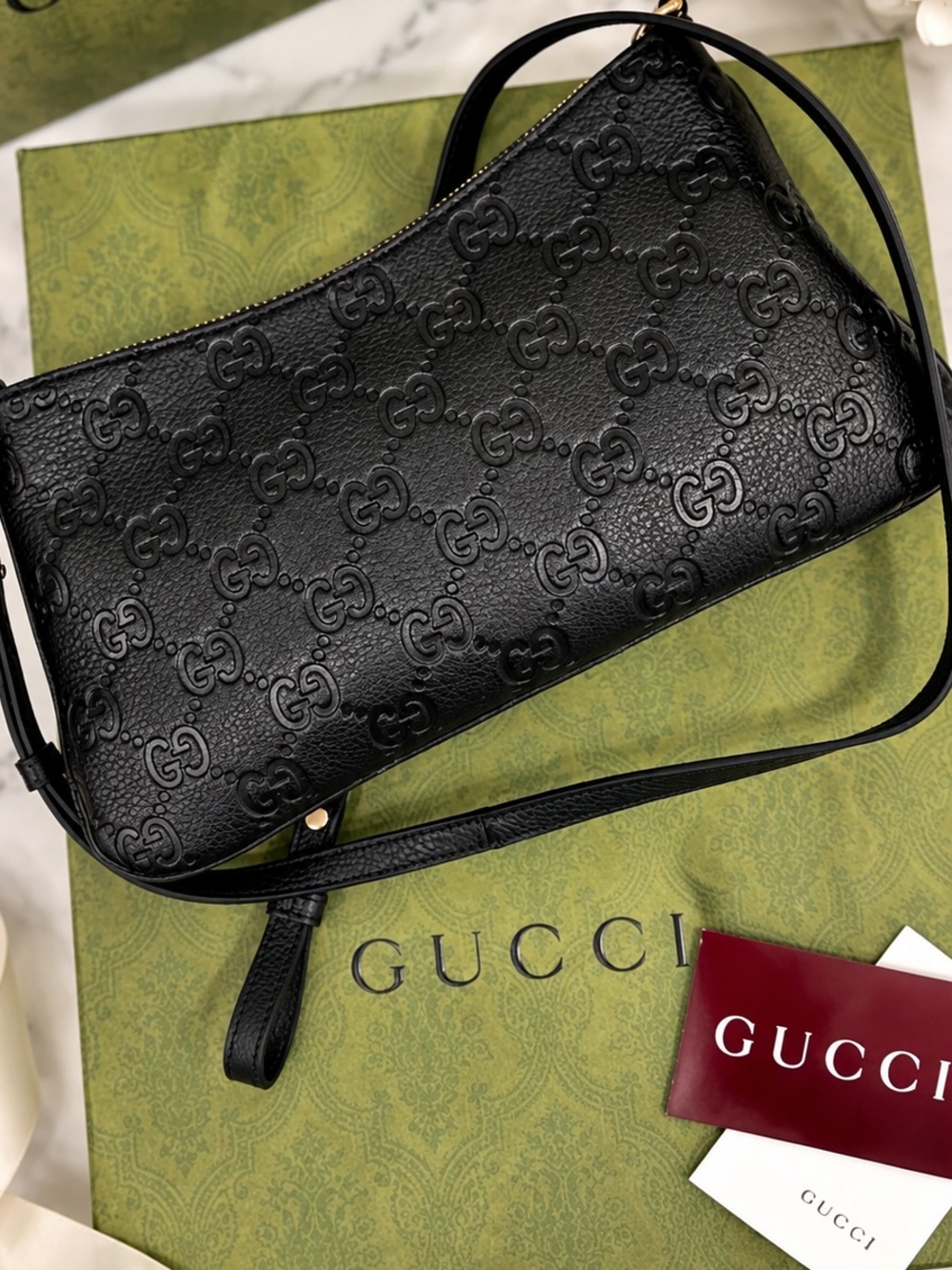 NEW IN BOX GUCCI SHOULDER BAG GG EMBLEM BRAINY CALF LEATHER BLACK